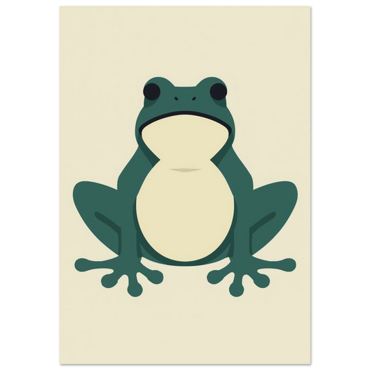 Minimalistisk grön groda i grafisk stil mot beige bakgrund