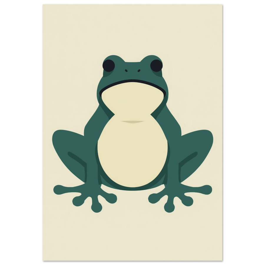 Minimalistisk grön groda i grafisk stil mot beige bakgrund