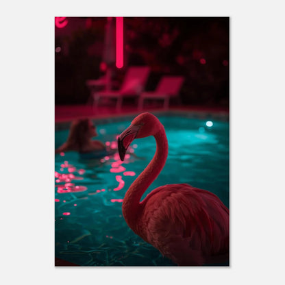 Konstnärligt fotografi av en flamingo i en modern nattlig poolmiljö