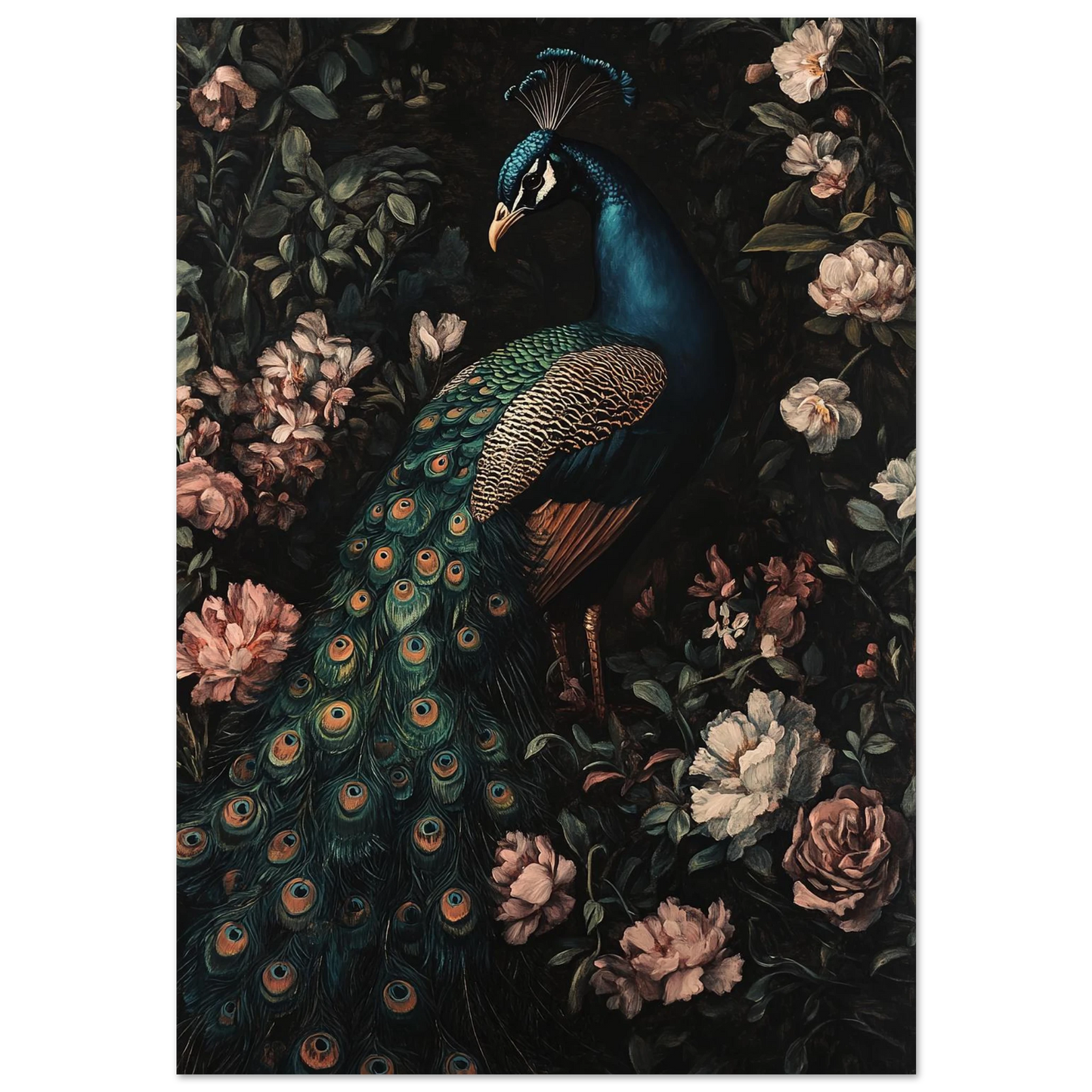 Detaljerad målning av påfågel i en mörk, blommig trädgård – Målad poster
