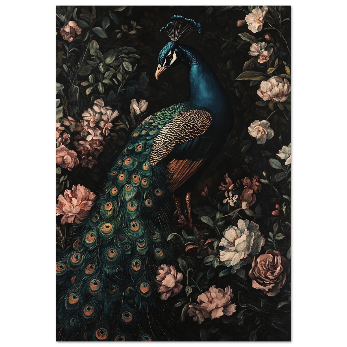 Detaljerad målning av påfågel i en mörk, blommig trädgård – Målad poster
