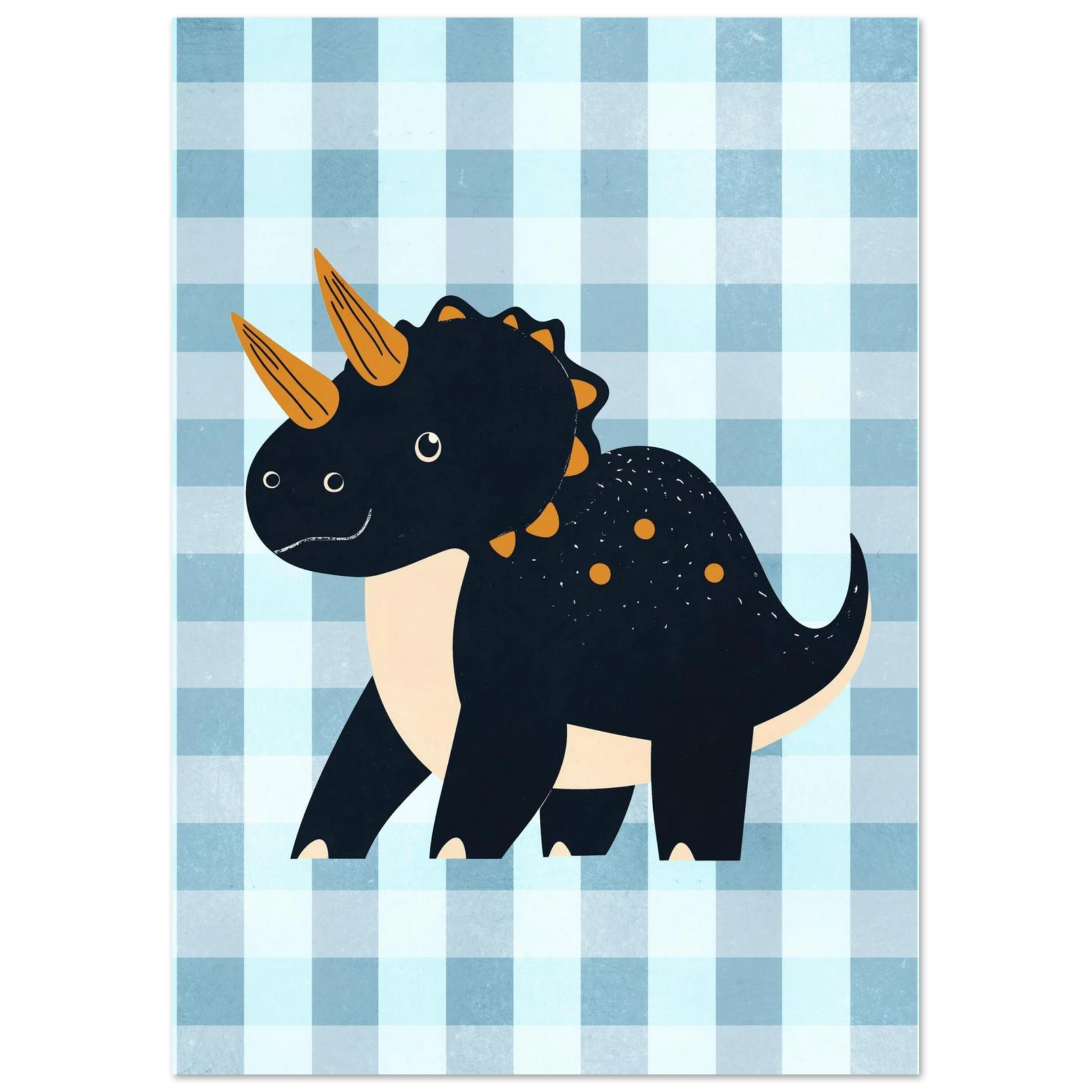 Lekfull Triceratops-illustration i mörka toner mot blåvit bakgrund för barnrum