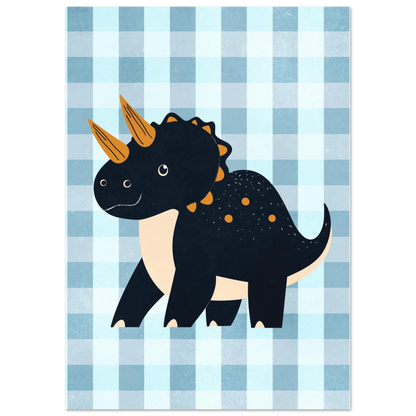 Lekfull Triceratops-illustration i mörka toner mot blåvit bakgrund för barnrum