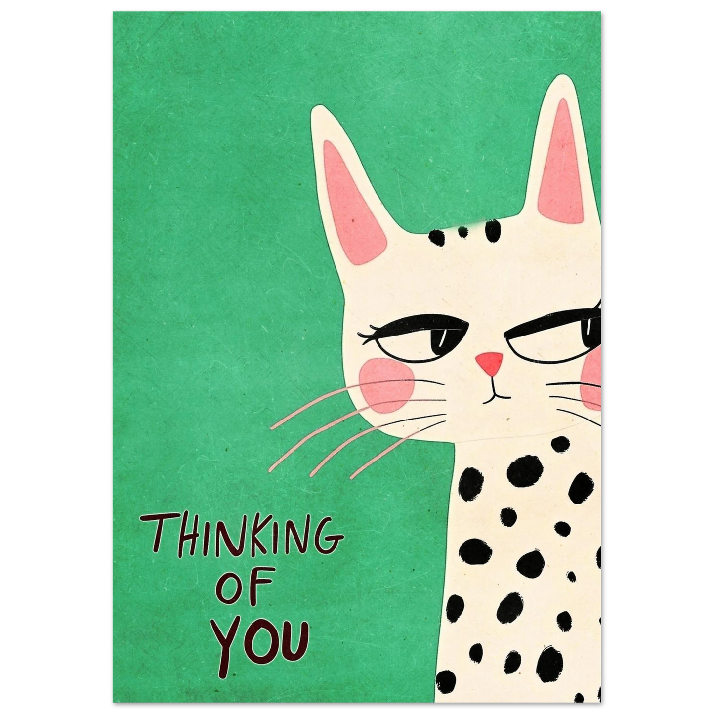 Kattposter med texten Thinking of You och lekfullt ansiktsuttryck i grönt