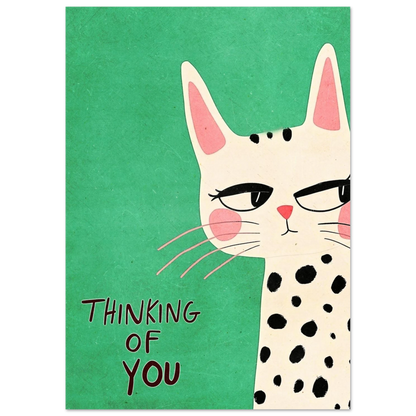 Kattposter med texten Thinking of You och lekfullt ansiktsuttryck i grönt
