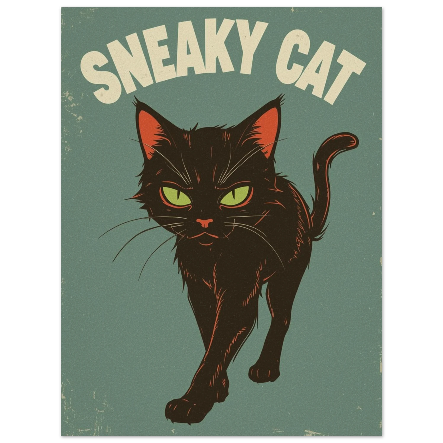Kaxig svart katt i retrostil med lysande blick, djurmotiv print