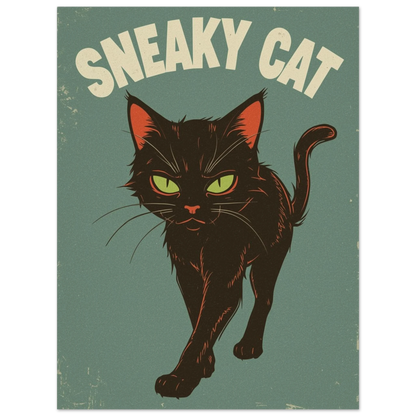Kaxig svart katt i retrostil med lysande blick, djurmotiv print