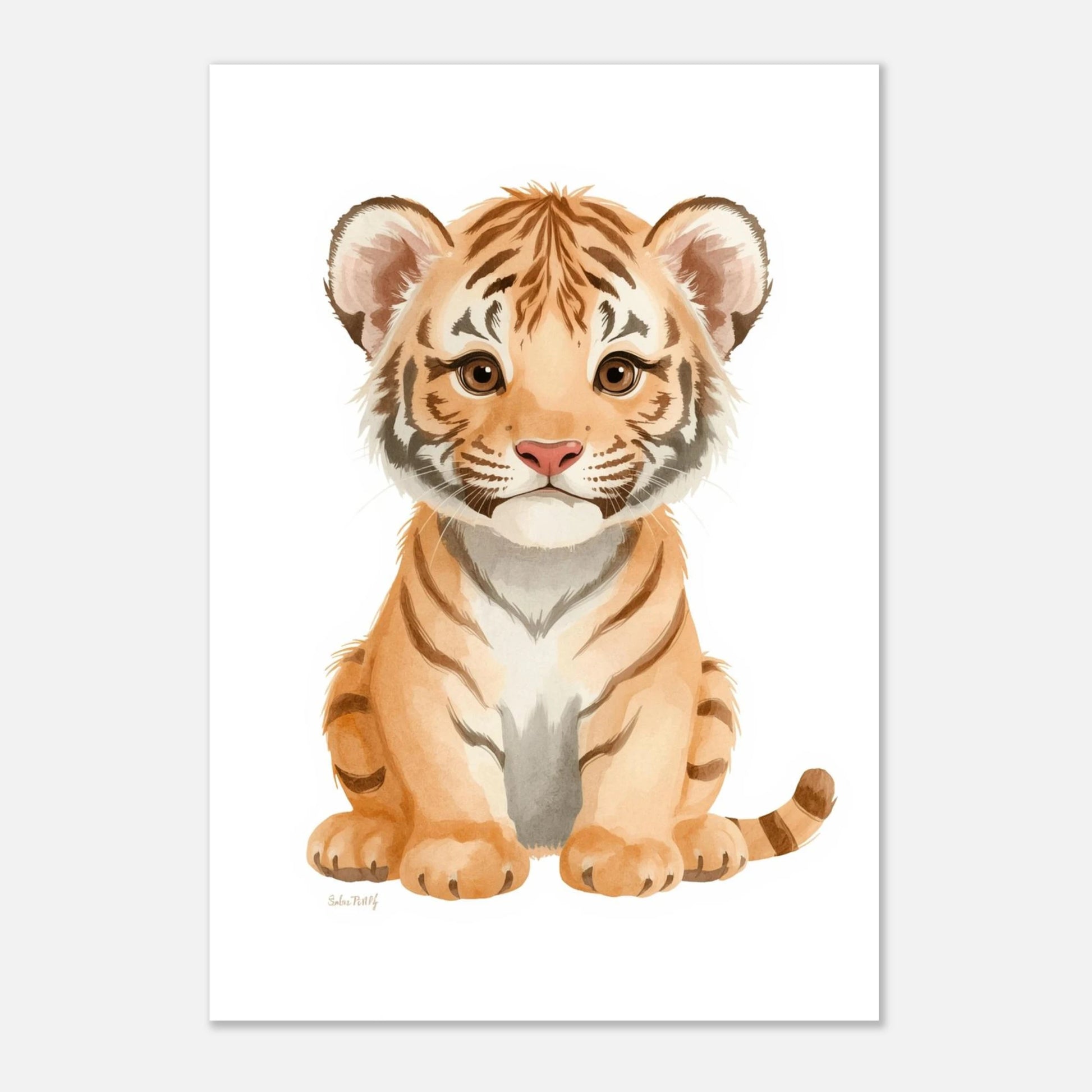Charmig djurposter föreställande en liten tiger i digital akvarell