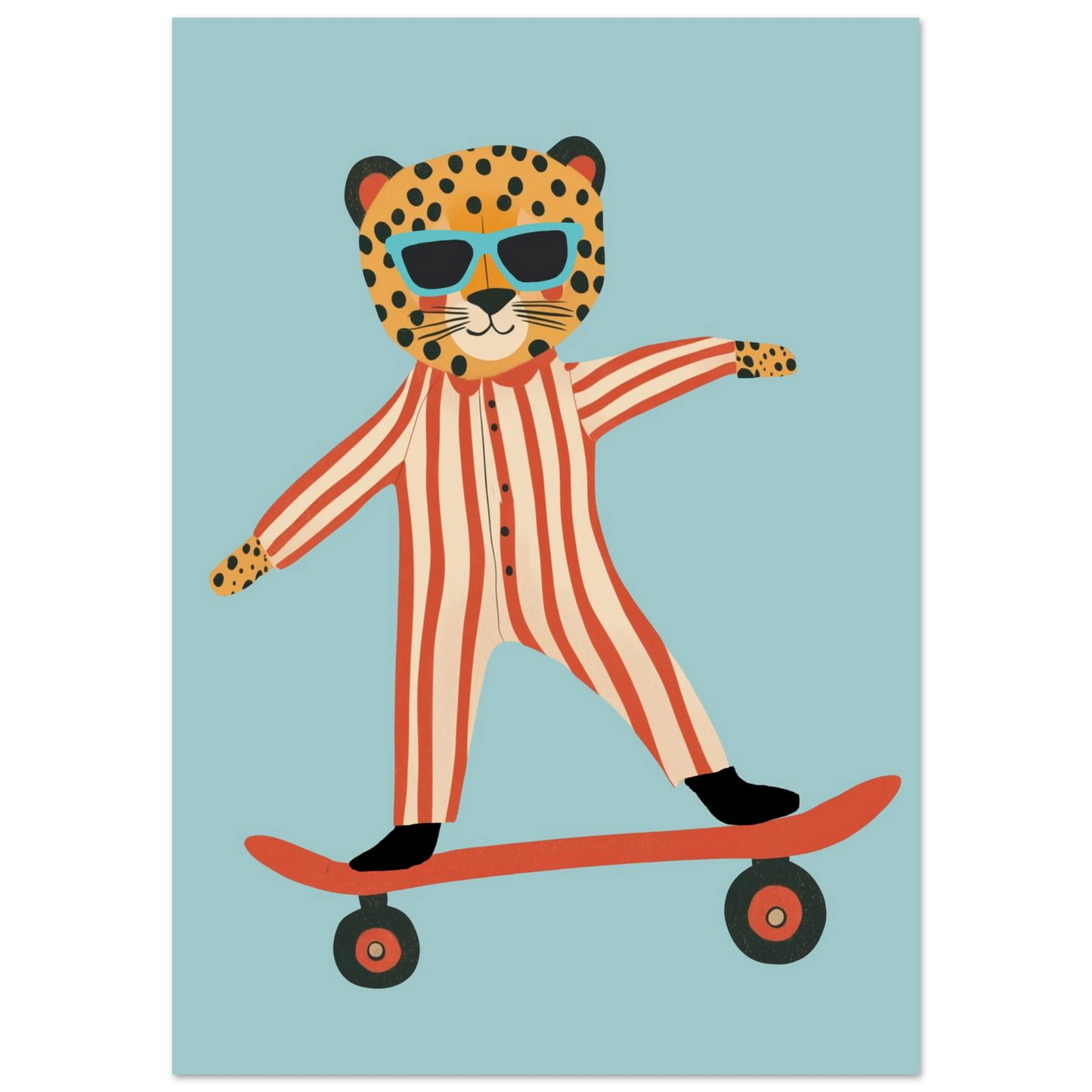 Barnposter med en leopard på skateboard i randig dräkt