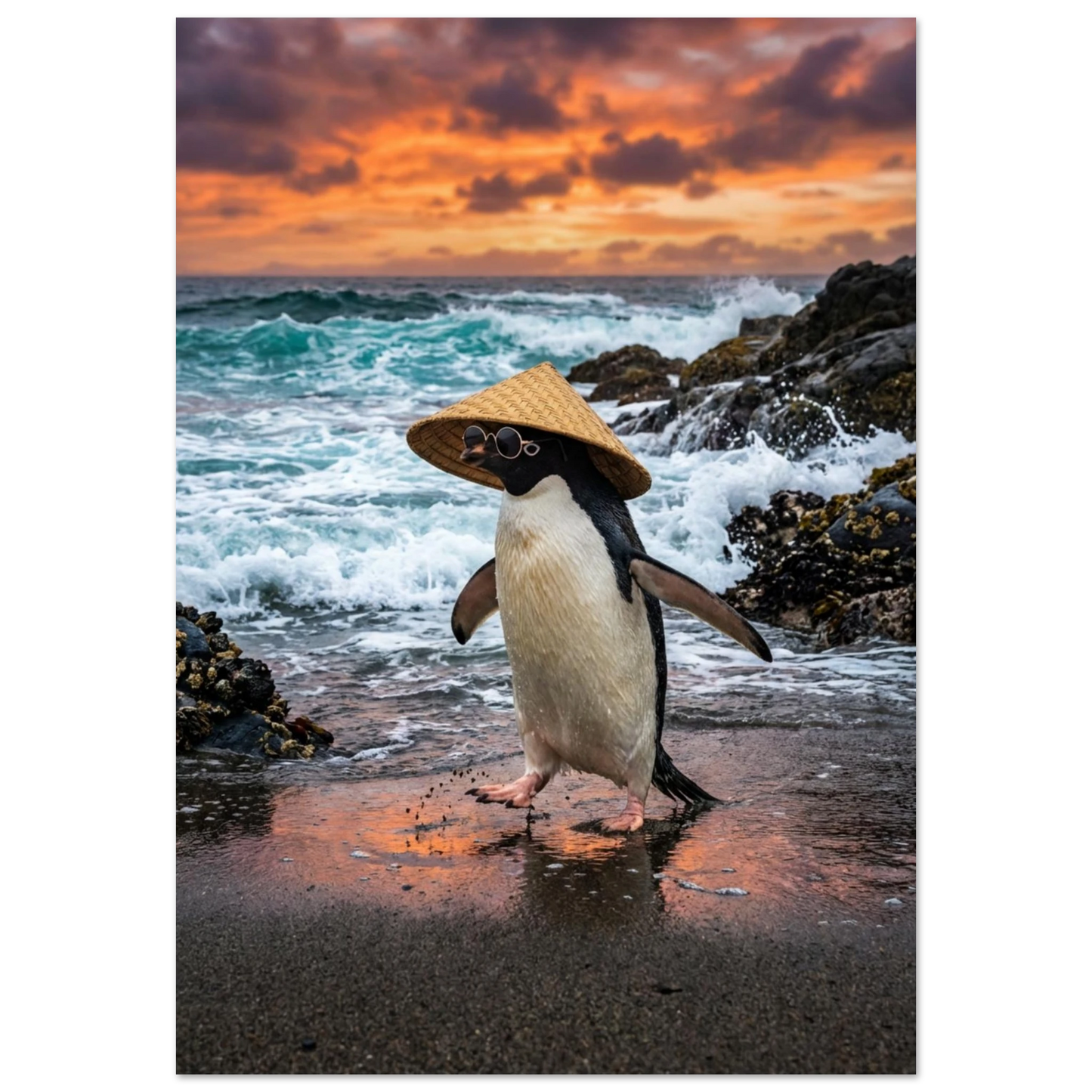 Pingvin på strand med hatt och cirkelformade solglasögon vid havet vid solnedgång – Fotorealistisk poster