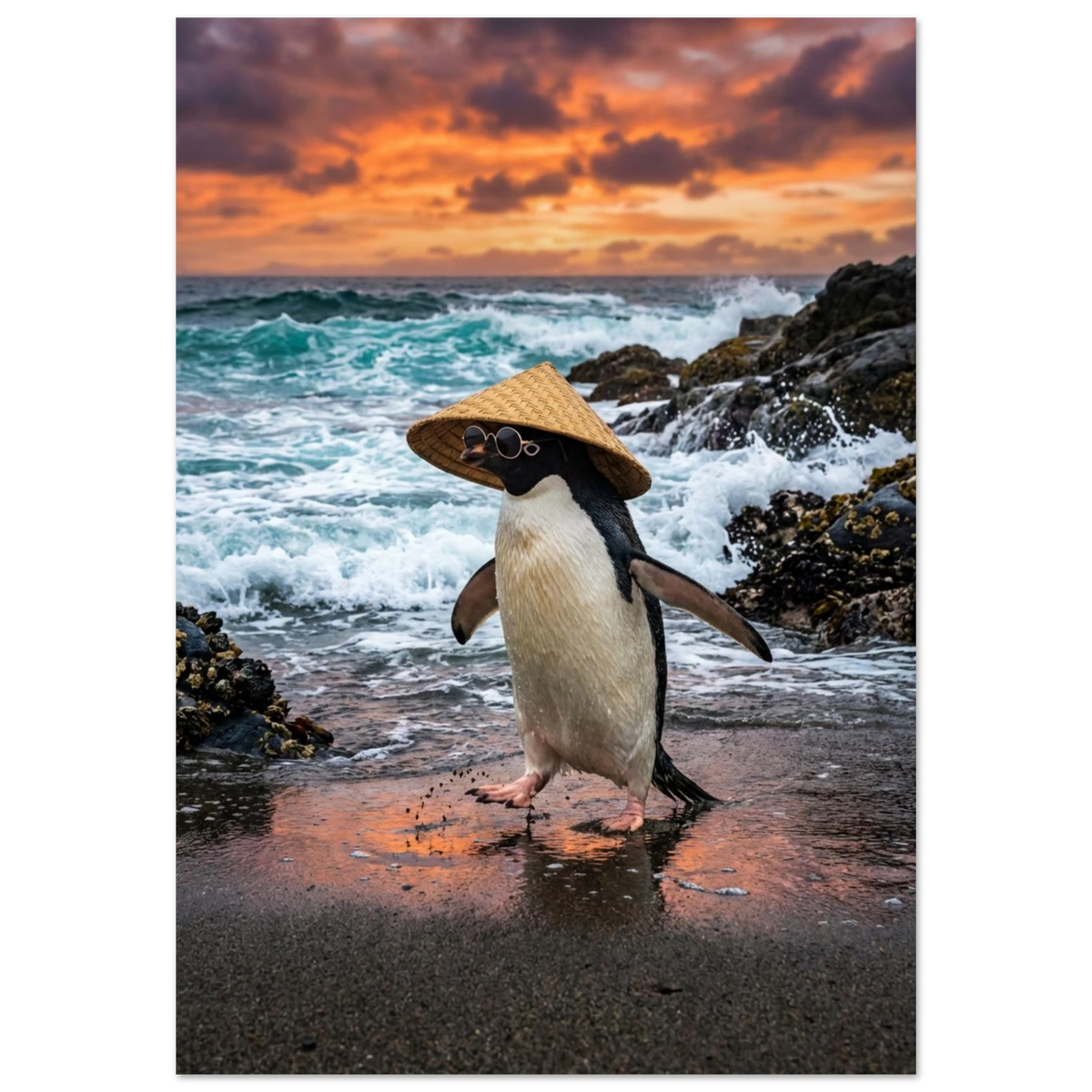 Pingvin på strand med hatt och cirkelformade solglasögon vid havet vid solnedgång – Fotorealistisk poster
