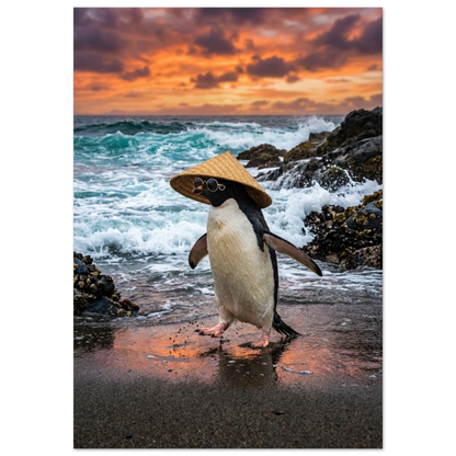 Pingvin på strand med hatt och cirkelformade solglasögon vid havet vid solnedgång – Fotorealistisk poster