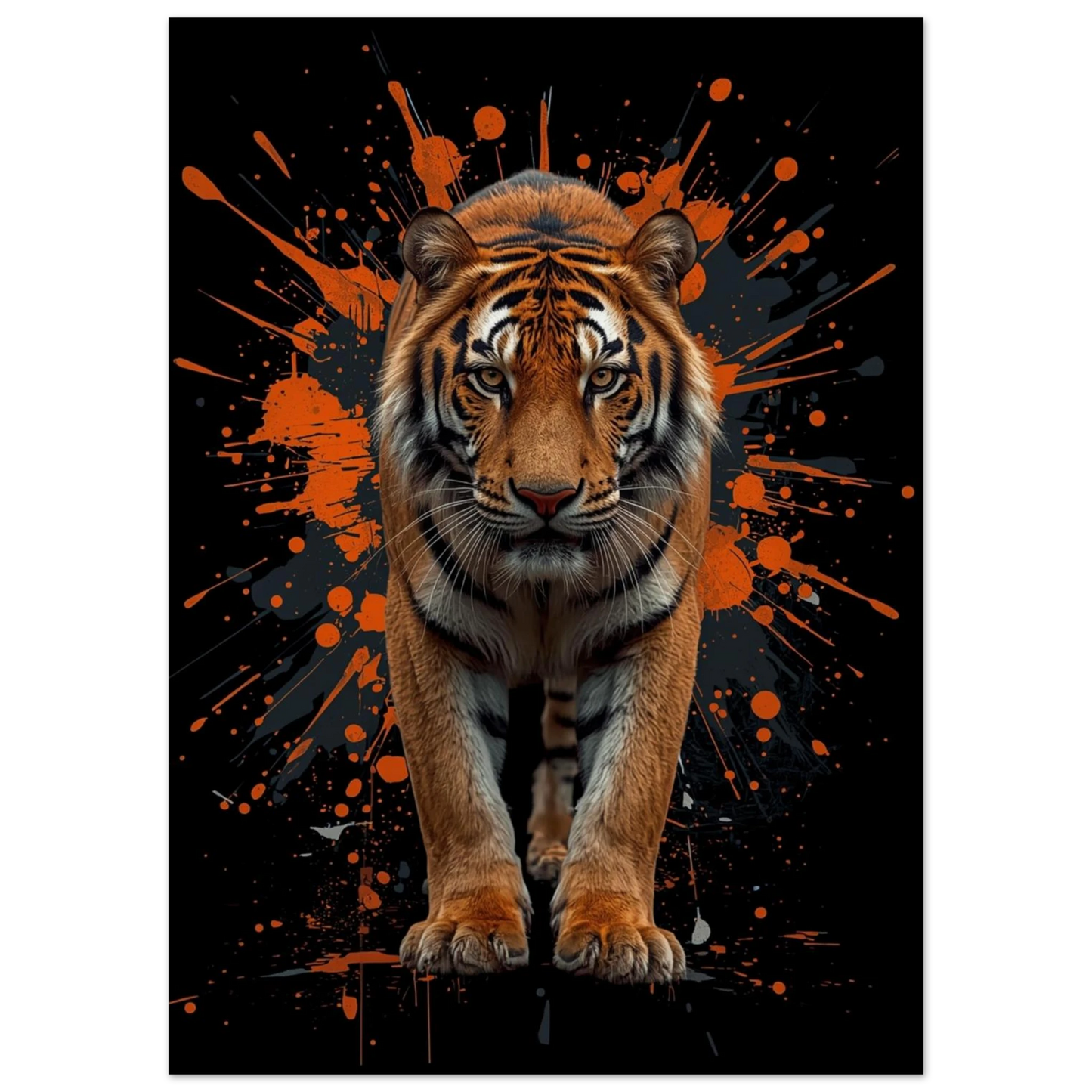 Majestätisk tiger med intensiv blick och konstnärliga stänk – modern tavla