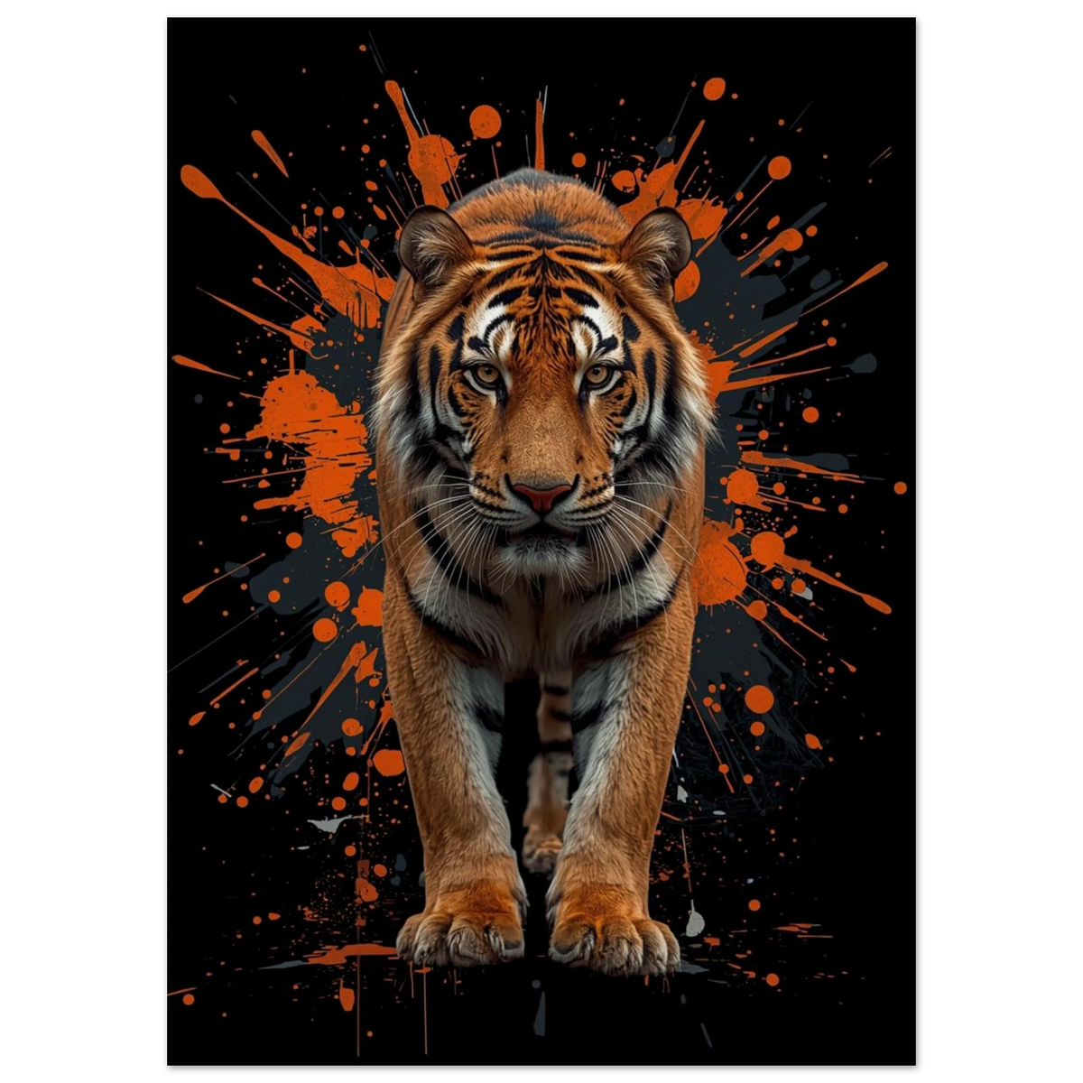 Majestätisk tiger med intensiv blick och konstnärliga stänk – modern tavla