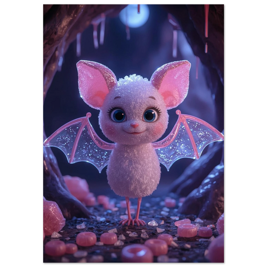 Rosa fluffig fladdermus med glittrande vingar i en magisk godisgrotta