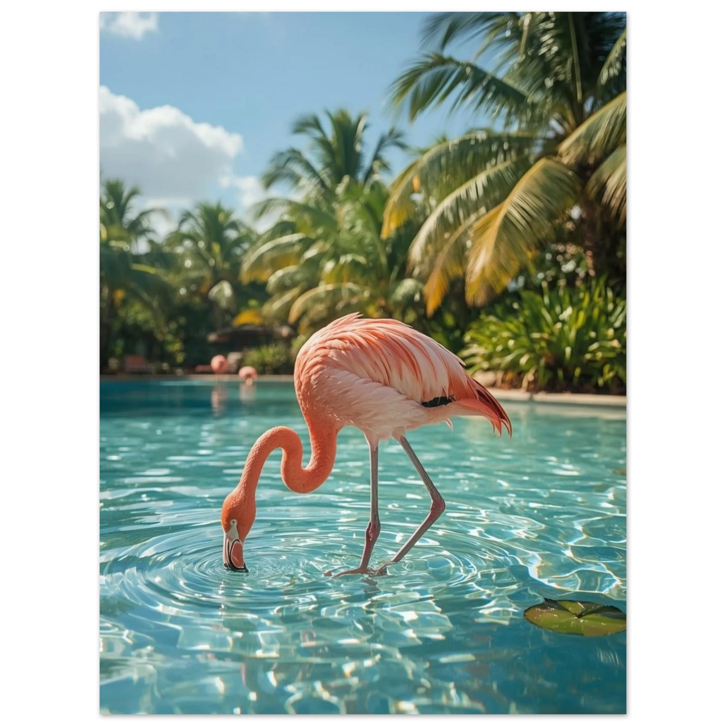 Närbild av en flamingo som dricker ur poolen med palmer i bakgrunden – Fotorealistisk Poster