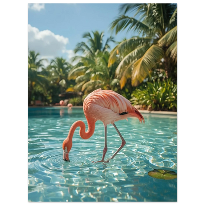 Närbild av en flamingo som dricker ur poolen med palmer i bakgrunden – Fotorealistisk Poster