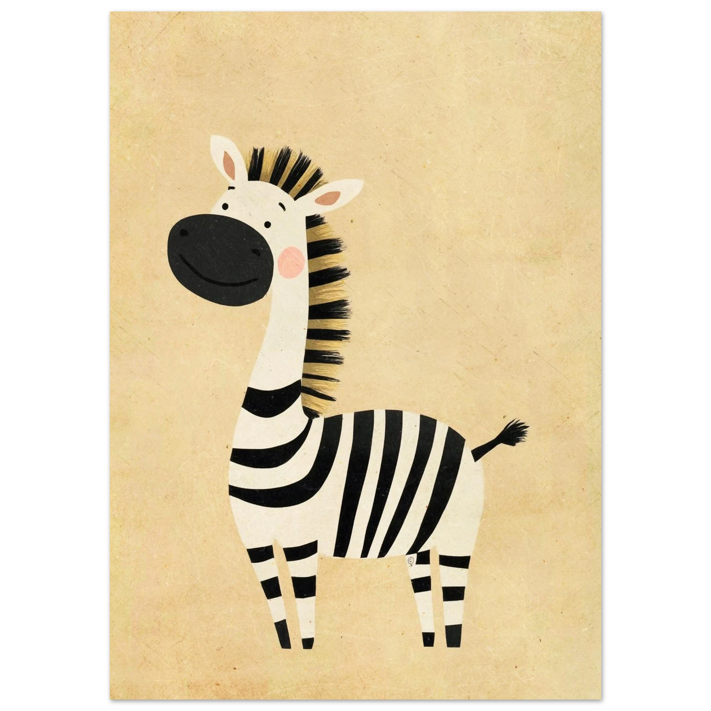 Närbild av illustrerad zebra med svarta ränder och vänligt ansikte