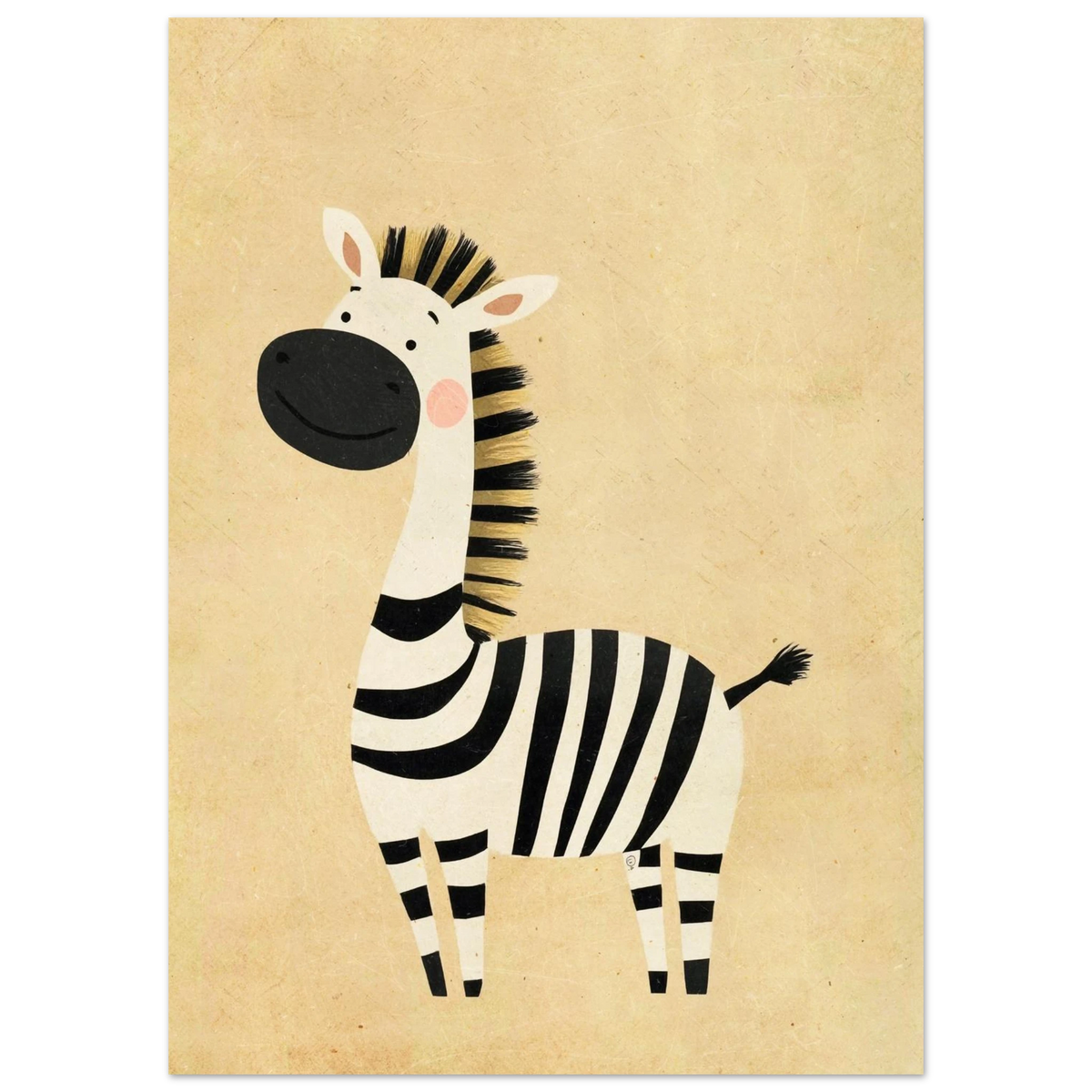 Närbild av illustrerad zebra med svarta ränder och vänligt ansikte