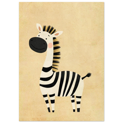 Närbild av illustrerad zebra med svarta ränder och vänligt ansikte