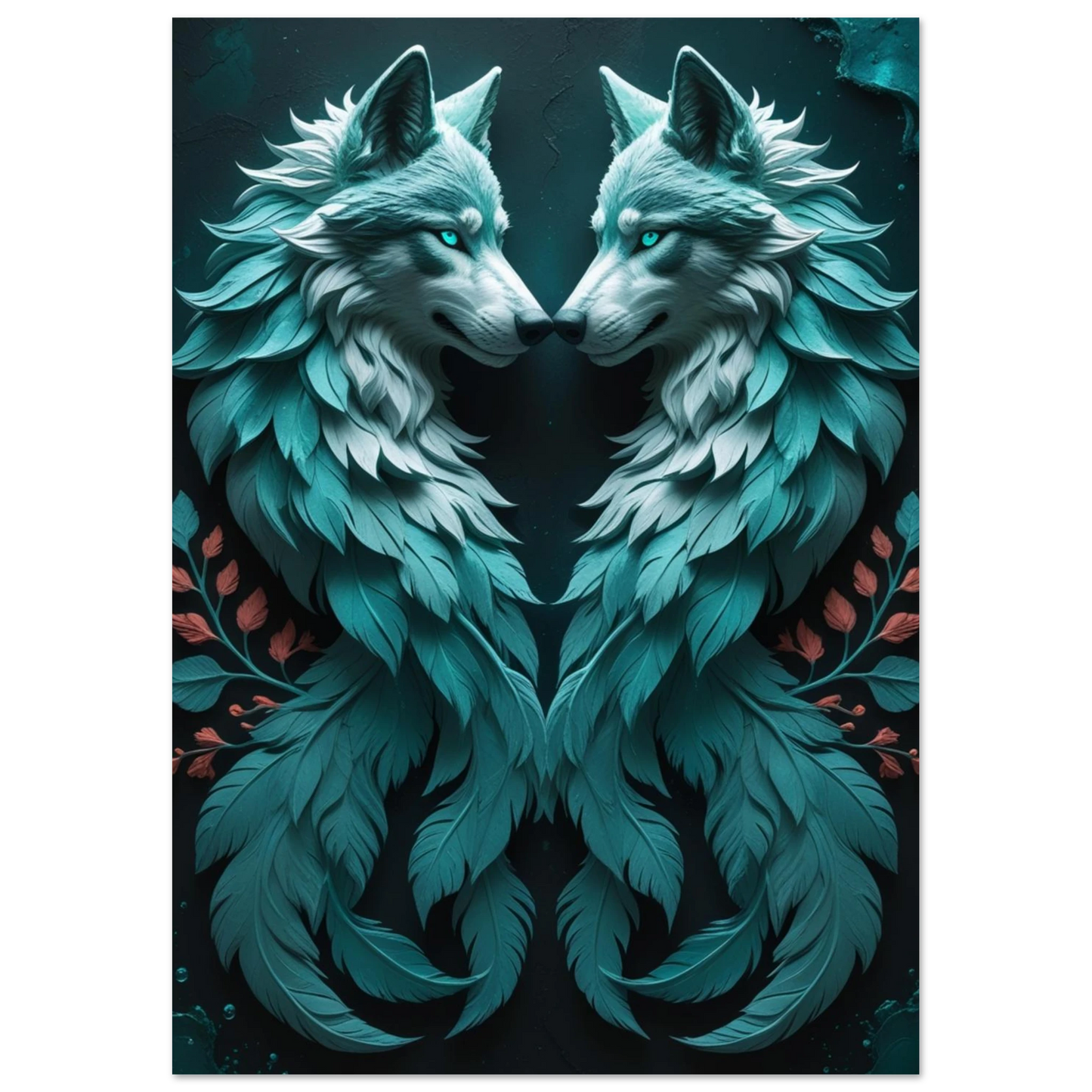 Digital illustration av två vargar i en mystisk omfamning, turkos