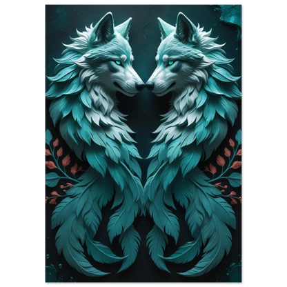 Digital illustration av två vargar i en mystisk omfamning, turkos