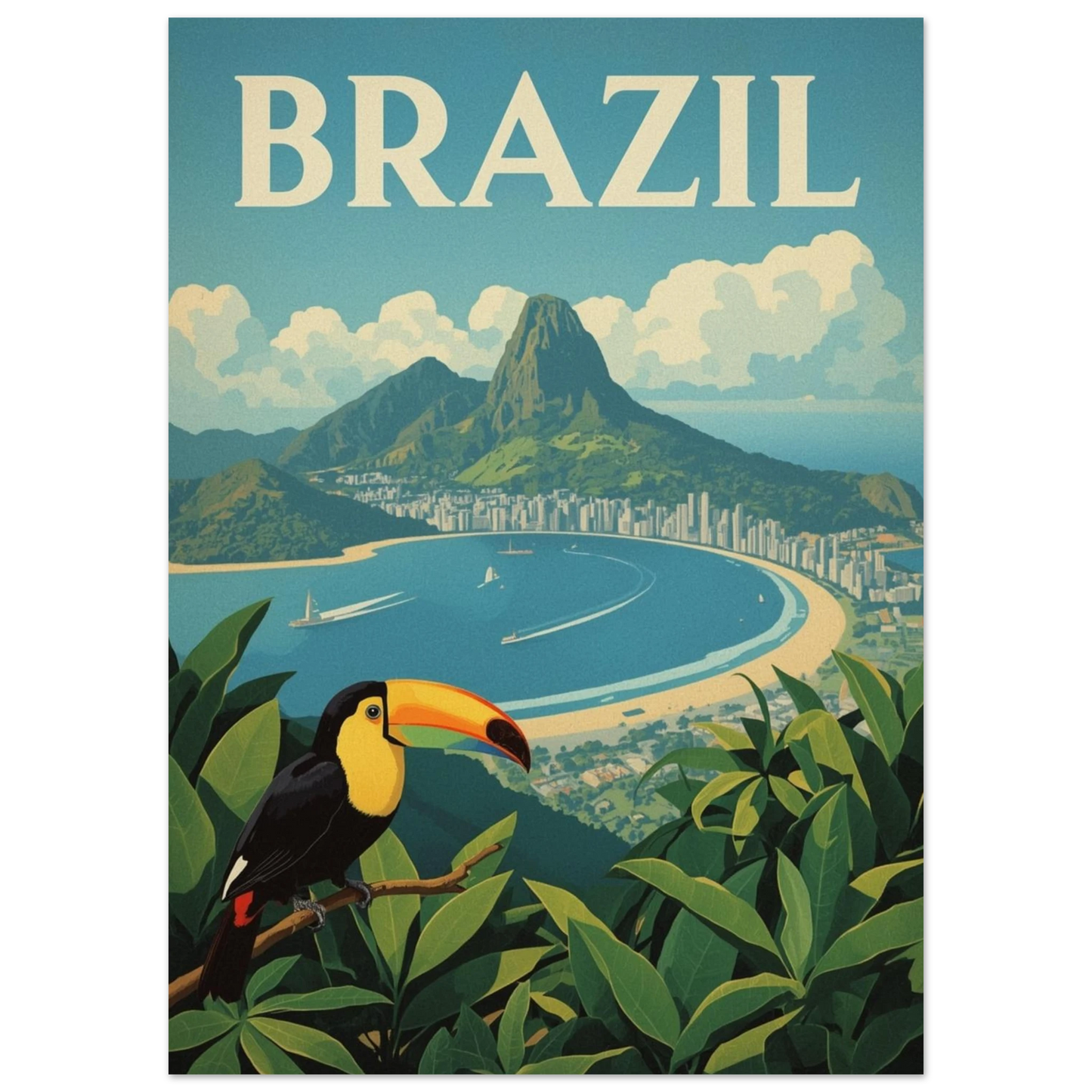 Exotisk fågelposter föreställande en tukan framför Brasiliens kustlinje och berg