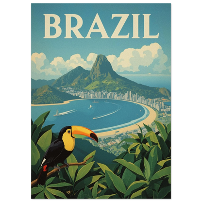 Exotisk fågelposter föreställande en tukan framför Brasiliens kustlinje och berg