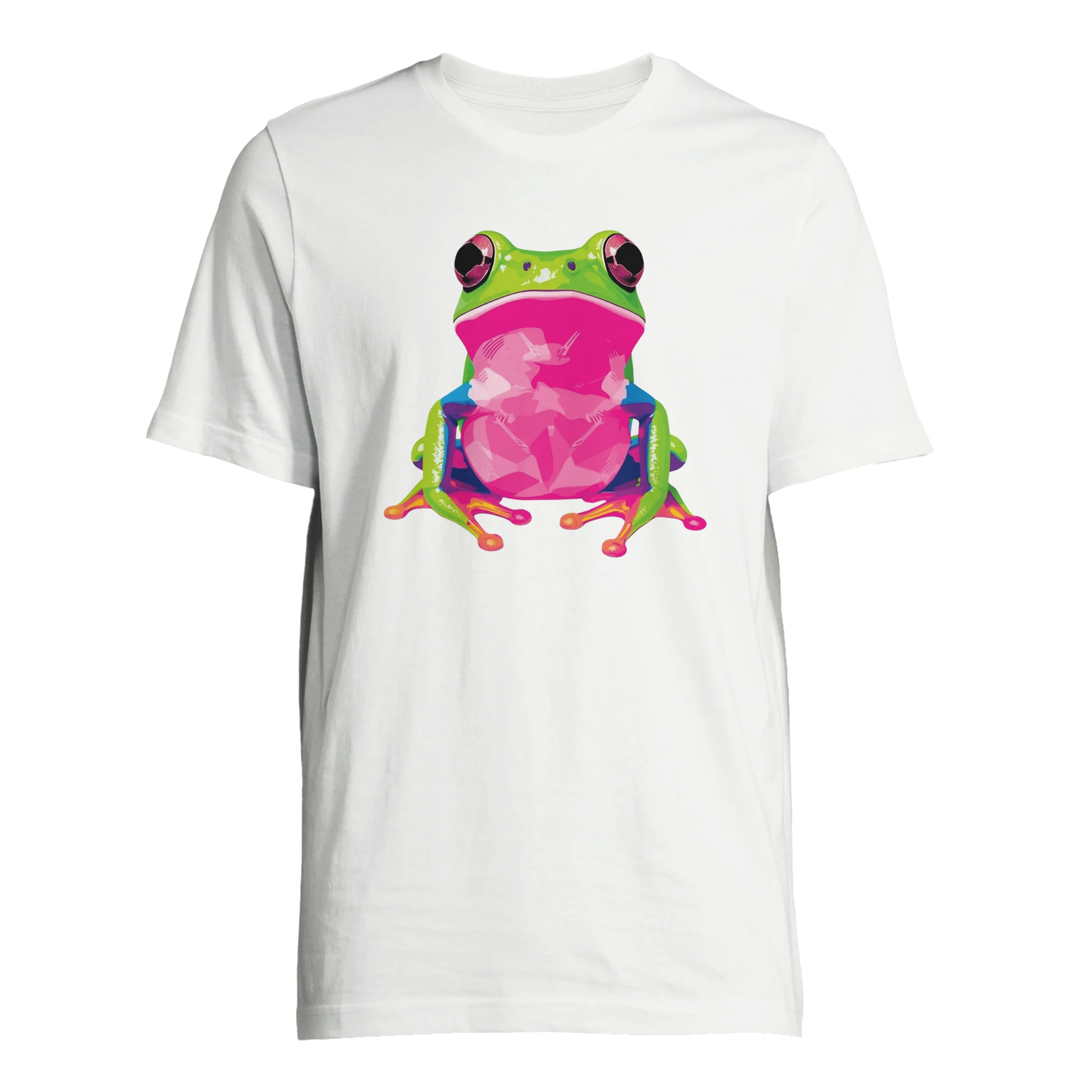 Färgstark groda motiv på vit T-shirt, framifrån – Tecknad T-shirt