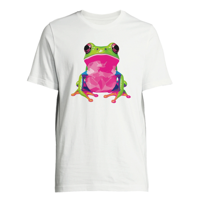 Färgstark groda motiv på vit T-shirt, framifrån – Tecknad T-shirt