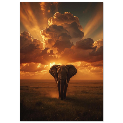 Afrikansk elefant framför dramatisk solnedgång med gyllene molnformationer – naturposter