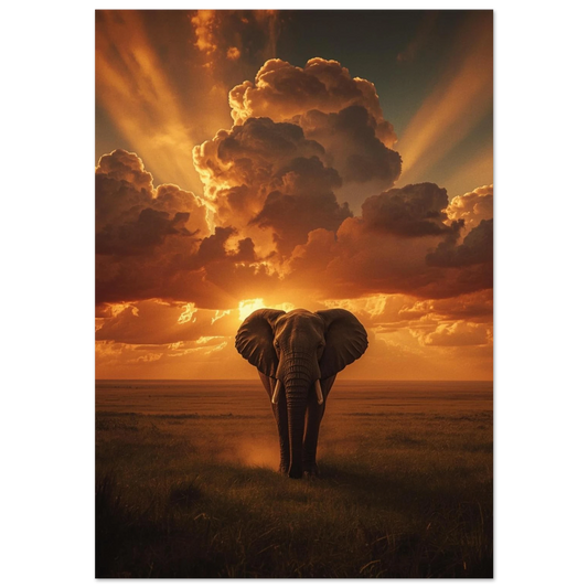Afrikansk elefant framför dramatisk solnedgång med gyllene molnformationer – naturposter