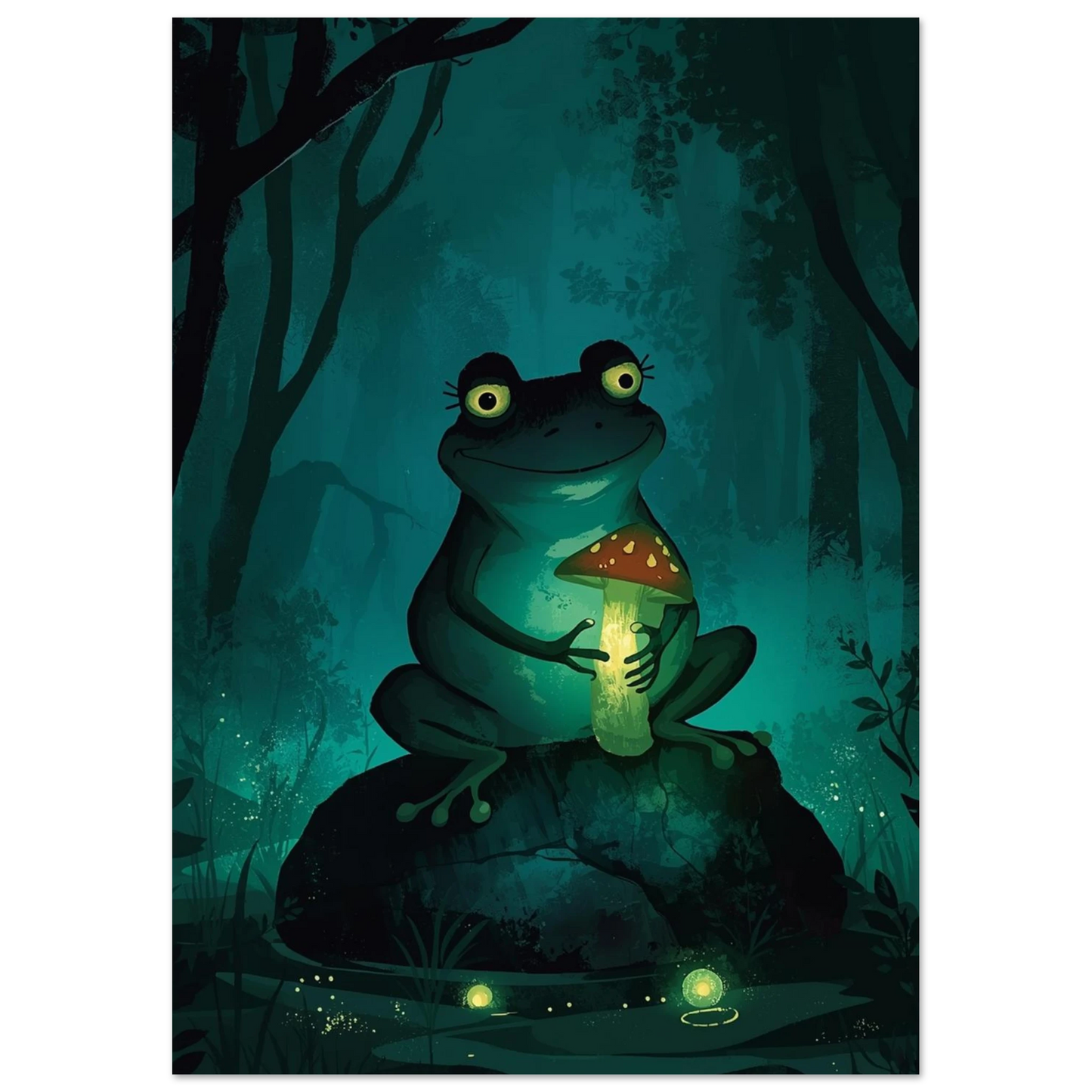 Närbild på illustrerad groda med stora ögon och lysande svampmotiv