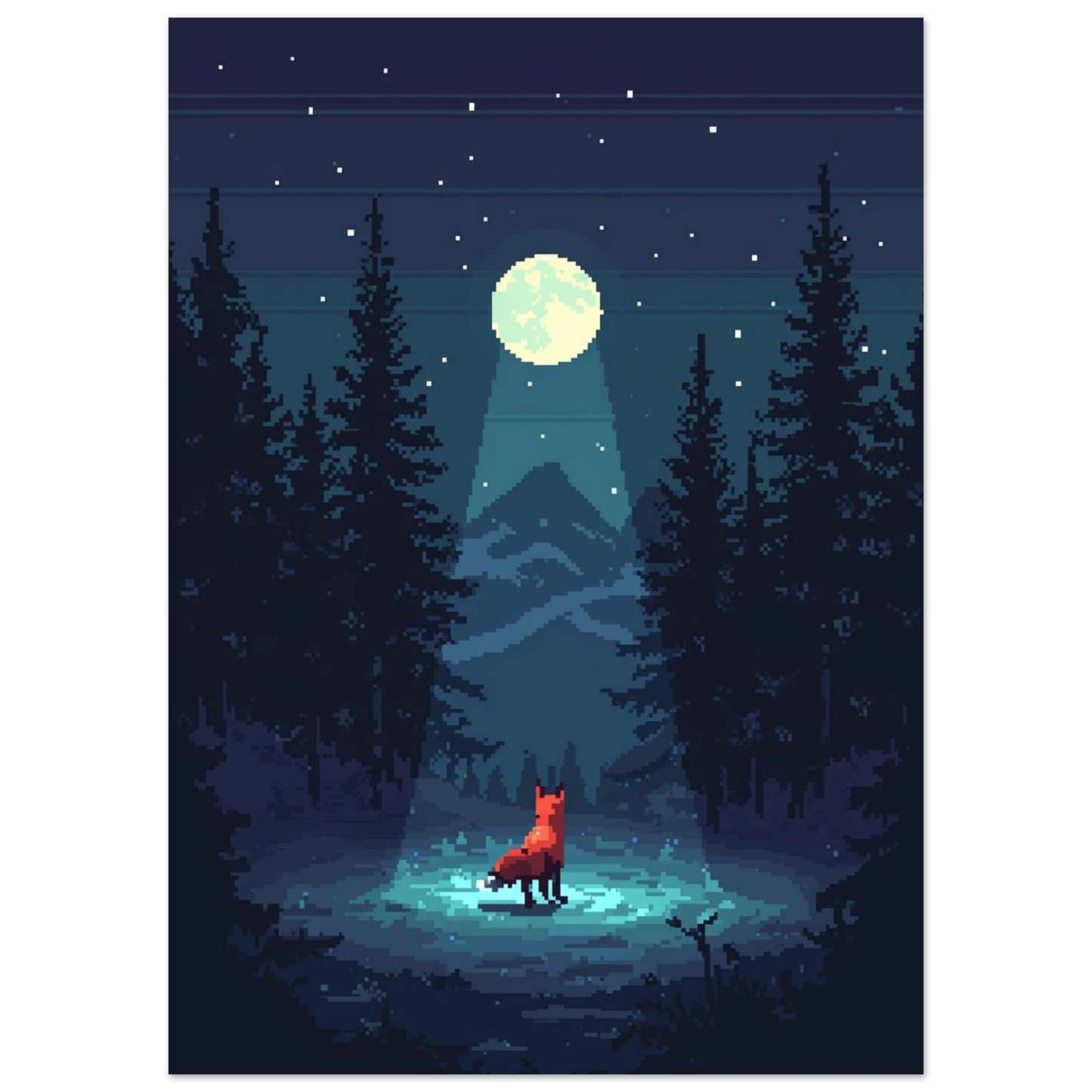 Närbild på pixelposter med räv i en stjärnklar skogsnatt