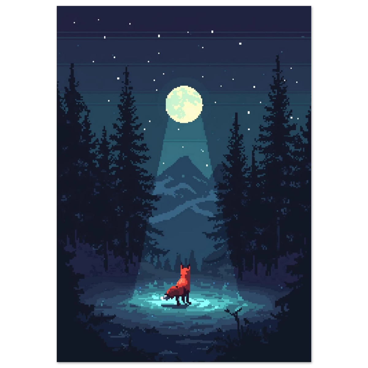 Närbild på pixelposter med räv i en stjärnklar skogsnatt