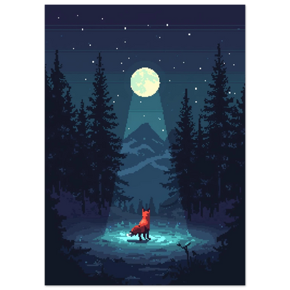 Närbild på pixelposter med räv i en stjärnklar skogsnatt