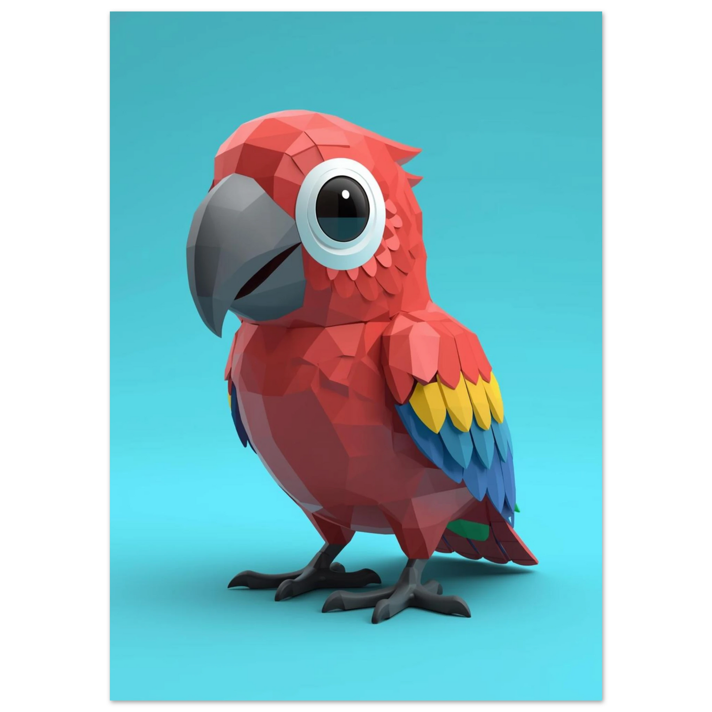 Stiliserad röd ara med stora ögon, low-poly illustration för barnrum