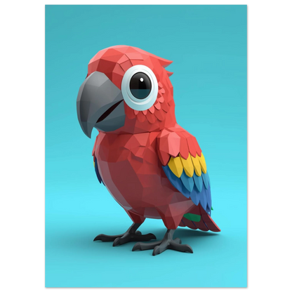 Stiliserad röd ara med stora ögon, low-poly illustration för barnrum