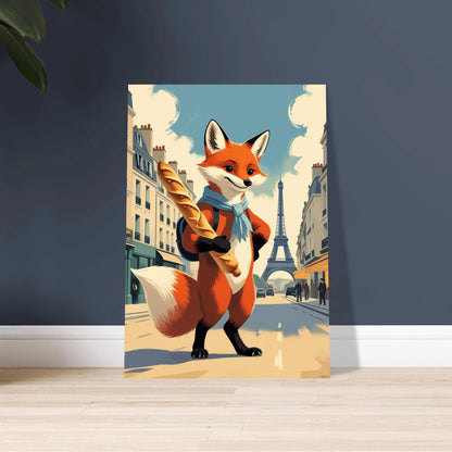 Charmig räv i Paris med baguette, vintage reseposterstil