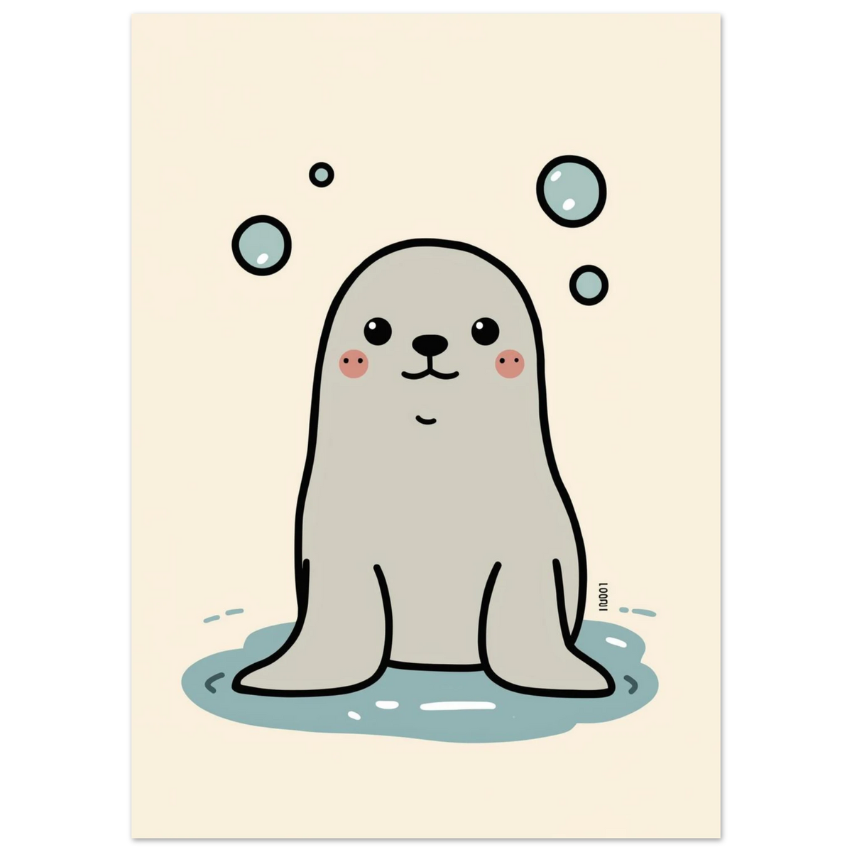 Illustration av en knubbig säl med rosiga kinder och bubblor