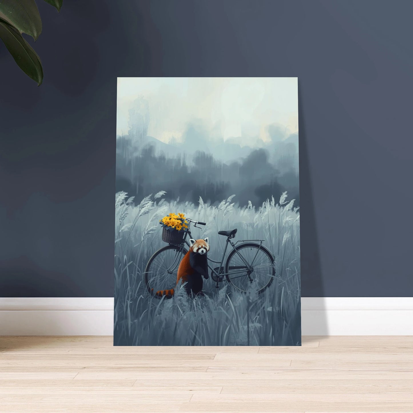Röd panda vid cykel i drömskt, måleriskt landskap