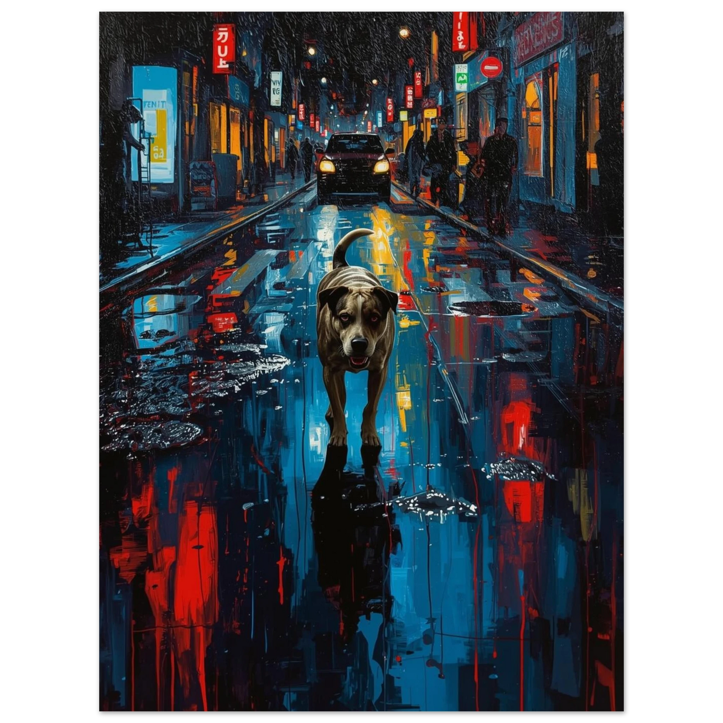 Urban djurkonst föreställande en hund i en färgstark storstadsmiljö med vattenreflektioner