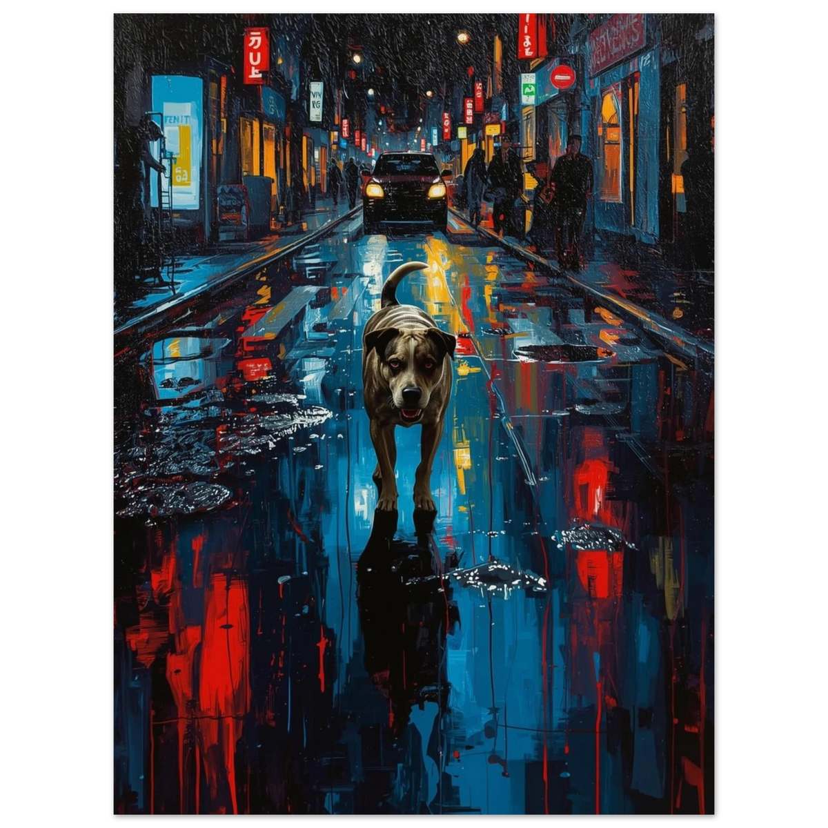 Urban djurkonst föreställande en hund i en färgstark storstadsmiljö med vattenreflektioner