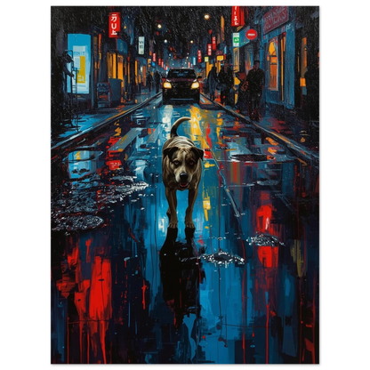 Urban djurkonst föreställande en hund i en färgstark storstadsmiljö med vattenreflektioner