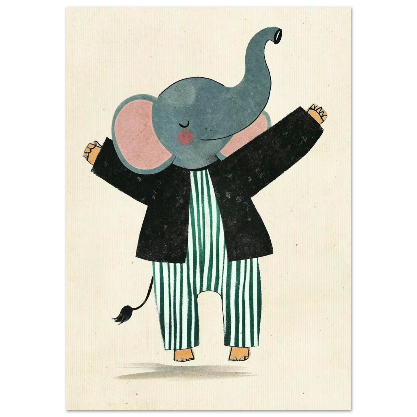 Tecknad elefant som dansar i randig outfit, grafiskt barnmotiv