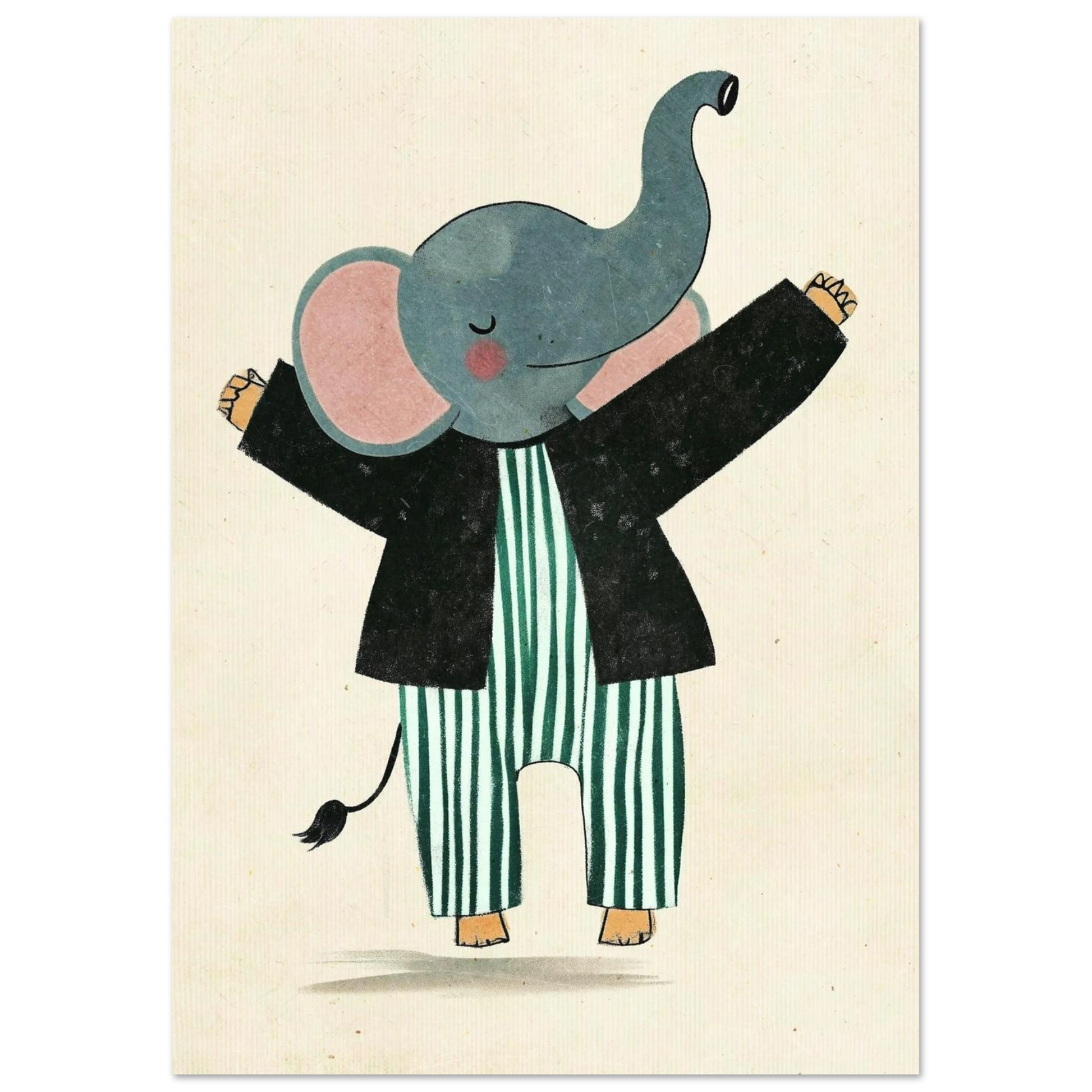 Tecknad elefant som dansar i randig outfit, grafiskt barnmotiv