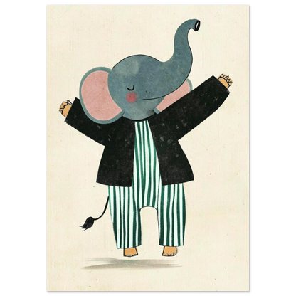 Tecknad elefant som dansar i randig outfit, grafiskt barnmotiv