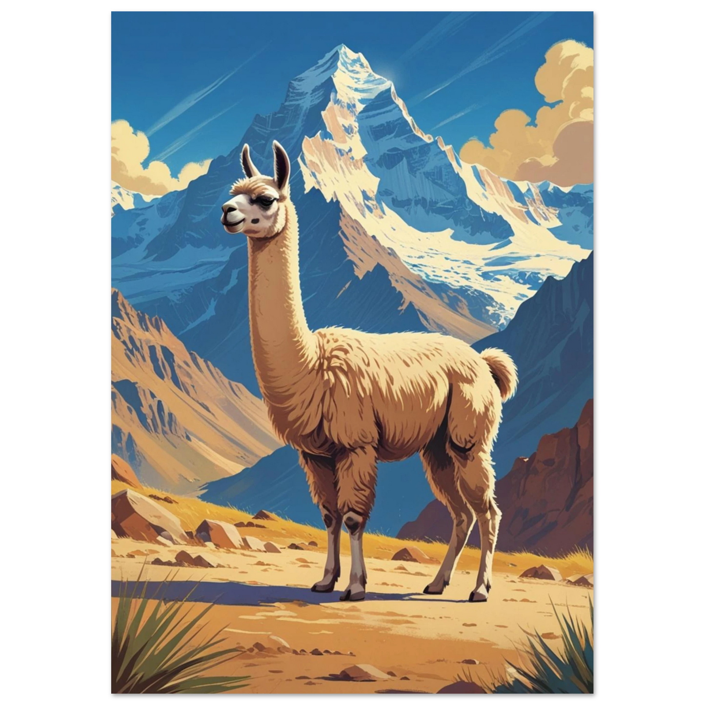 Vintageinspirerad poster av en lama i Anderna med varma jordtoner