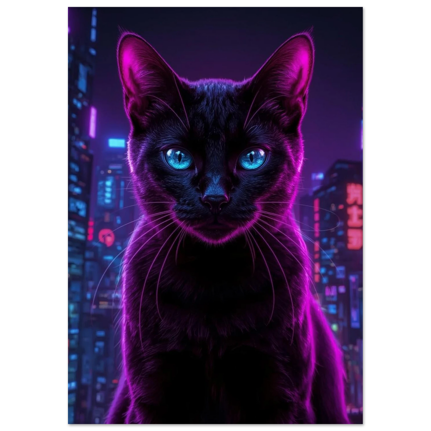 Futuristiskt kattporträtt i neonlila toner med blå blick – modern djurposter