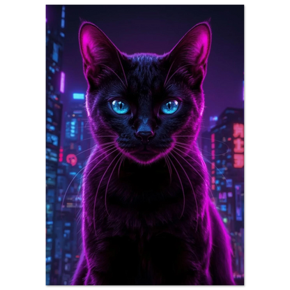 Futuristiskt kattporträtt i neonlila toner med blå blick – modern djurposter